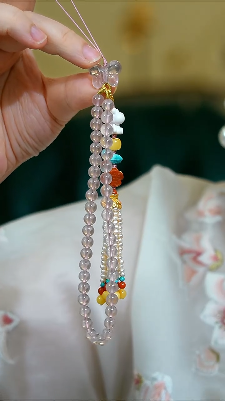 【闪购商品】水晶手机链银S925镶嵌粉晶松石925银手机链