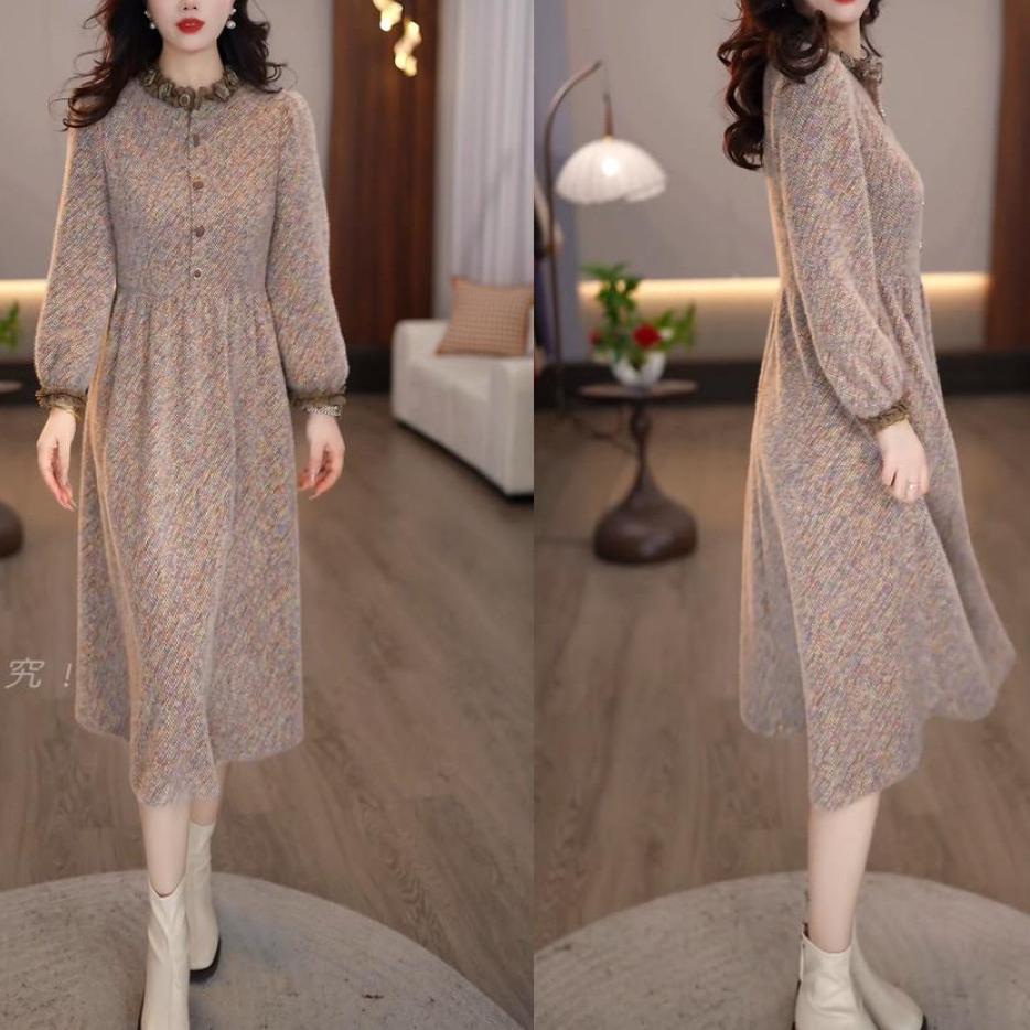 2025冬款杏色时尚精致优雅洋气复古气质修身收腰显瘦连衣裙M-4XL