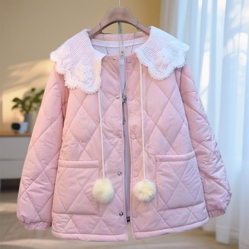 2025秋季新款韩系甜美毛球娃娃领棉服外套2558*