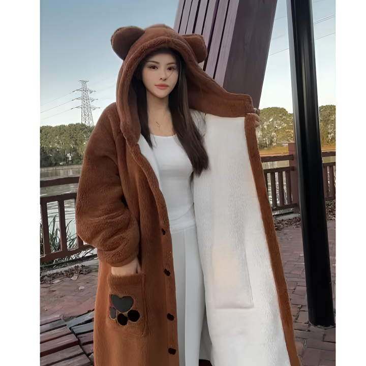 美拉德秋冬加绒中长款家居服睡衣大码连帽宽松加厚浴袍保暖睡袍女