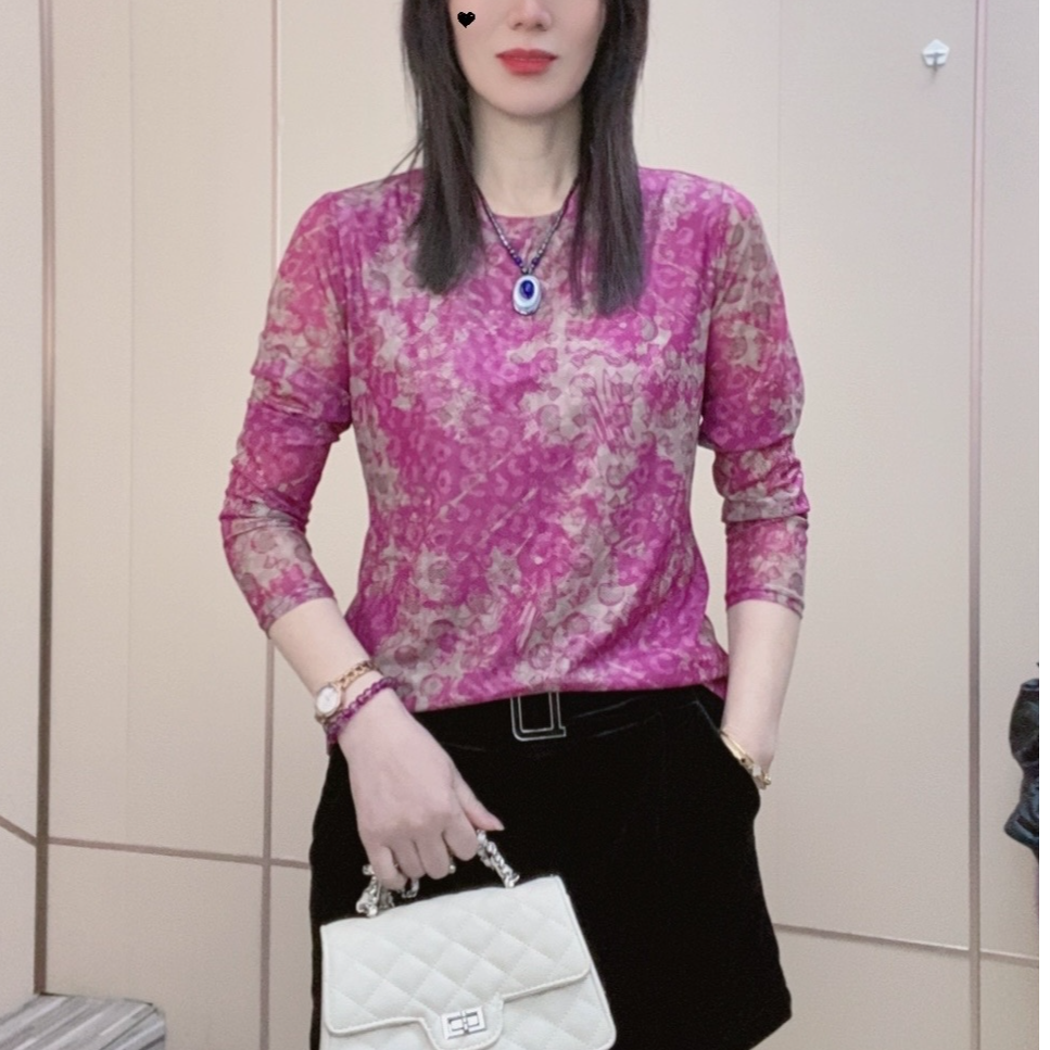 圆领轻薄透气琉璃纱t恤女2025秋季新款洋气打底衫外穿紫罗兰宽松T