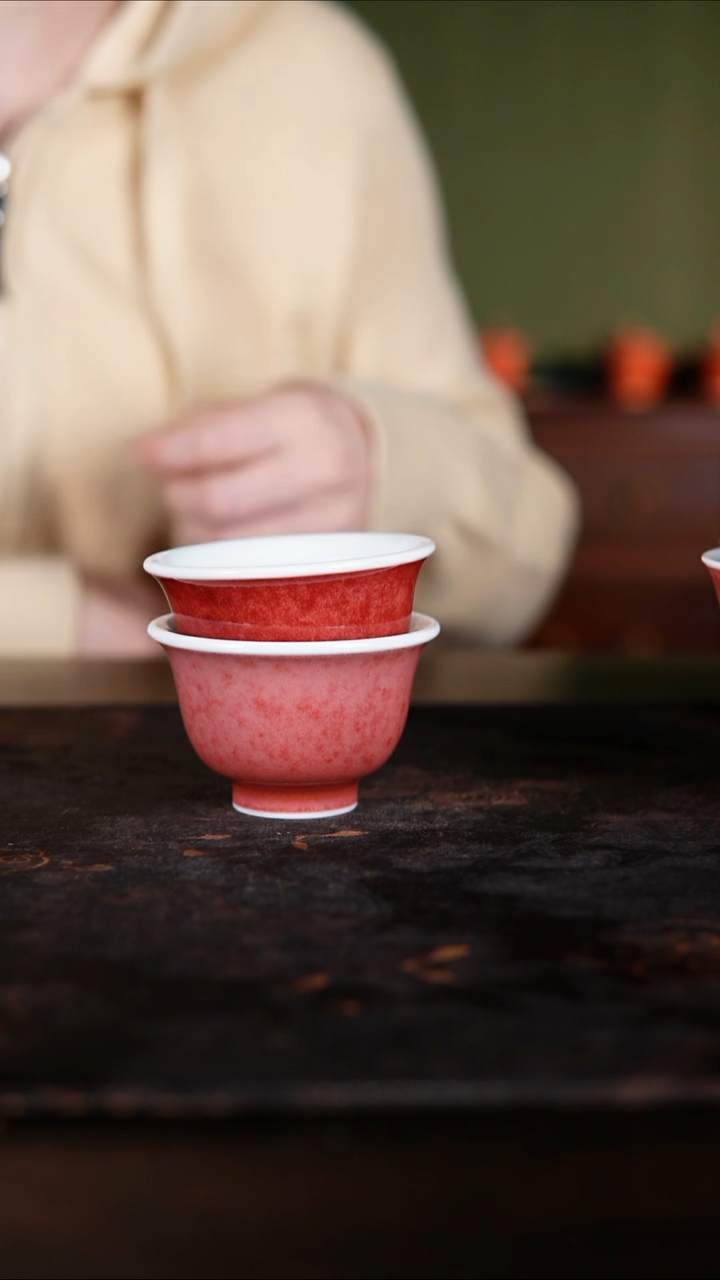 杯子白泥苏*蛰景德镇纯手工陶瓷豇豆红