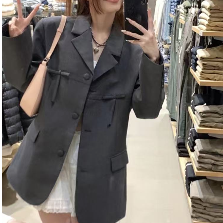 设计感蝴蝶结西装领外套女早春高级感气质中长款宽松上衣