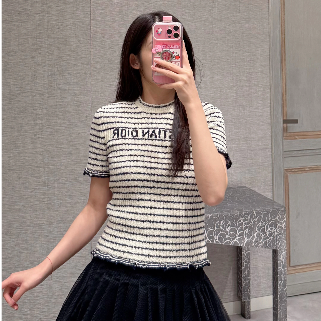 99新 DIOR/迪奥 Dior 25早春新款黑白条纹字母针织短袖38码 