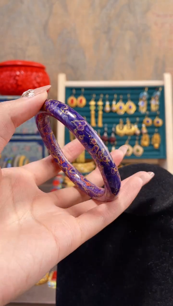【闪购商品】非遗素漆黑色景泰蓝花镯子紫色金多63