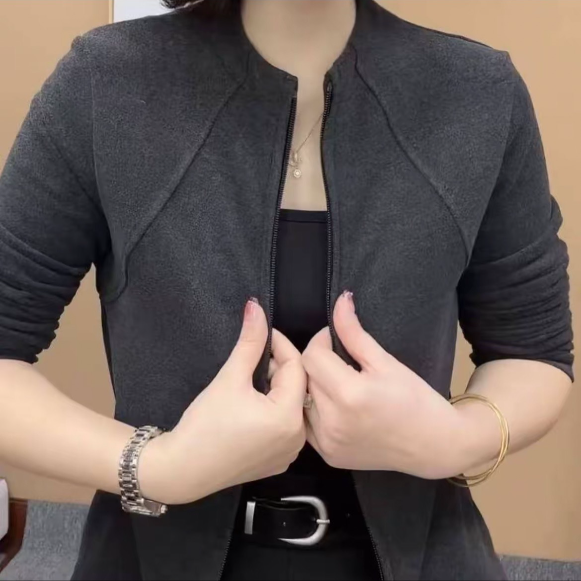 【现货】2025新款时尚洋气显瘦拉链德绒开衫休闲加绒上衣长袖打底