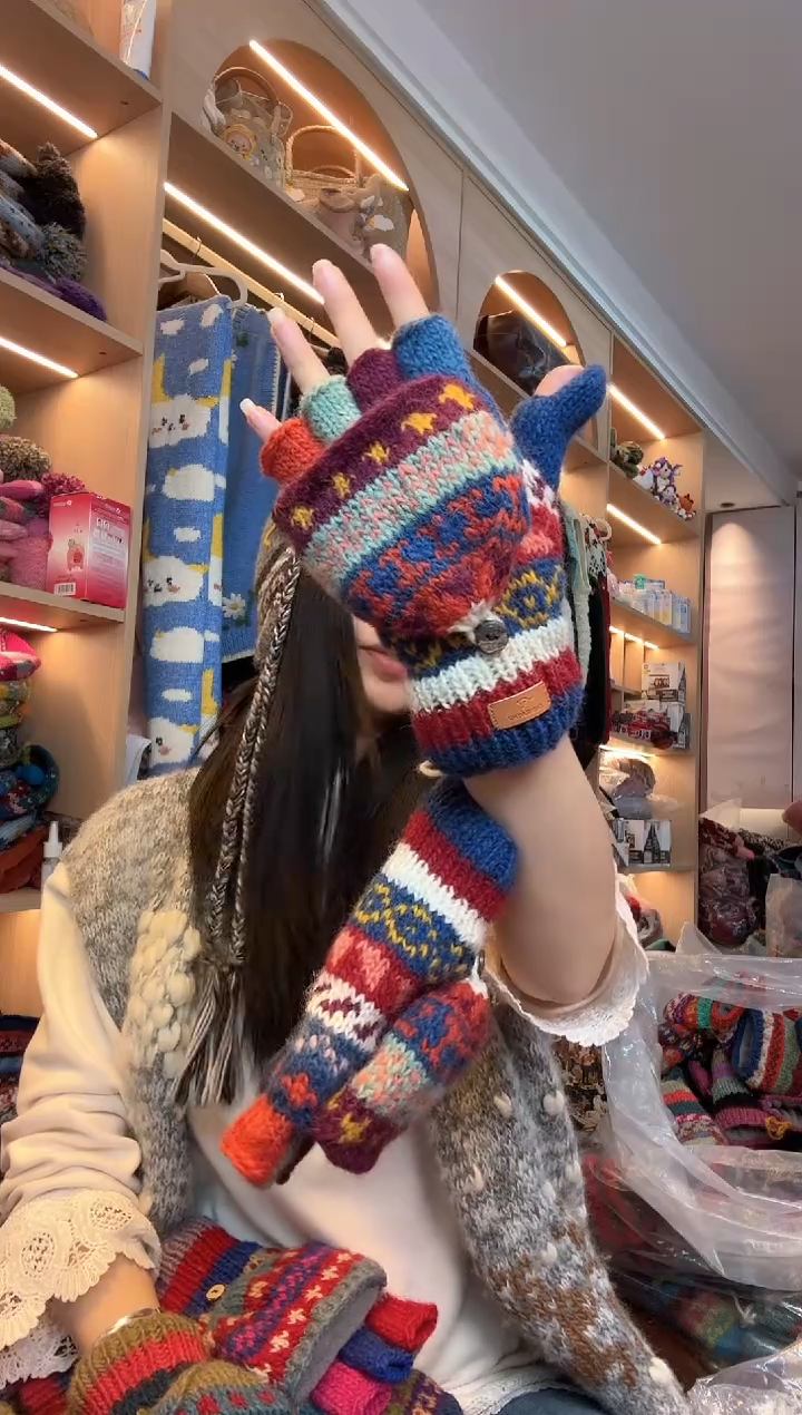 羊毛百羊毛蓝色手套