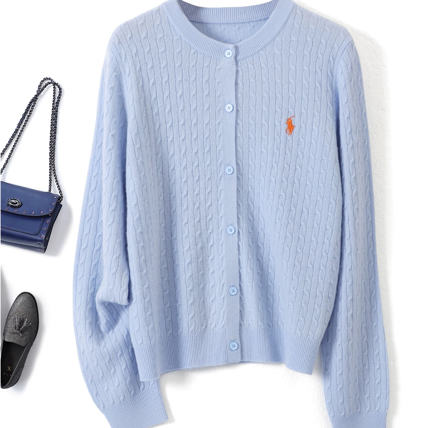 100%山羊绒麻花针织开衫外套女毛针织衫小马刺绣显瘦毛衣百搭纯色