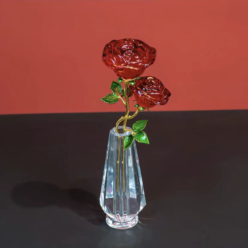 水晶玻璃双头玫瑰花摆件仿真永生花生日礼物玄关电视柜装饰品