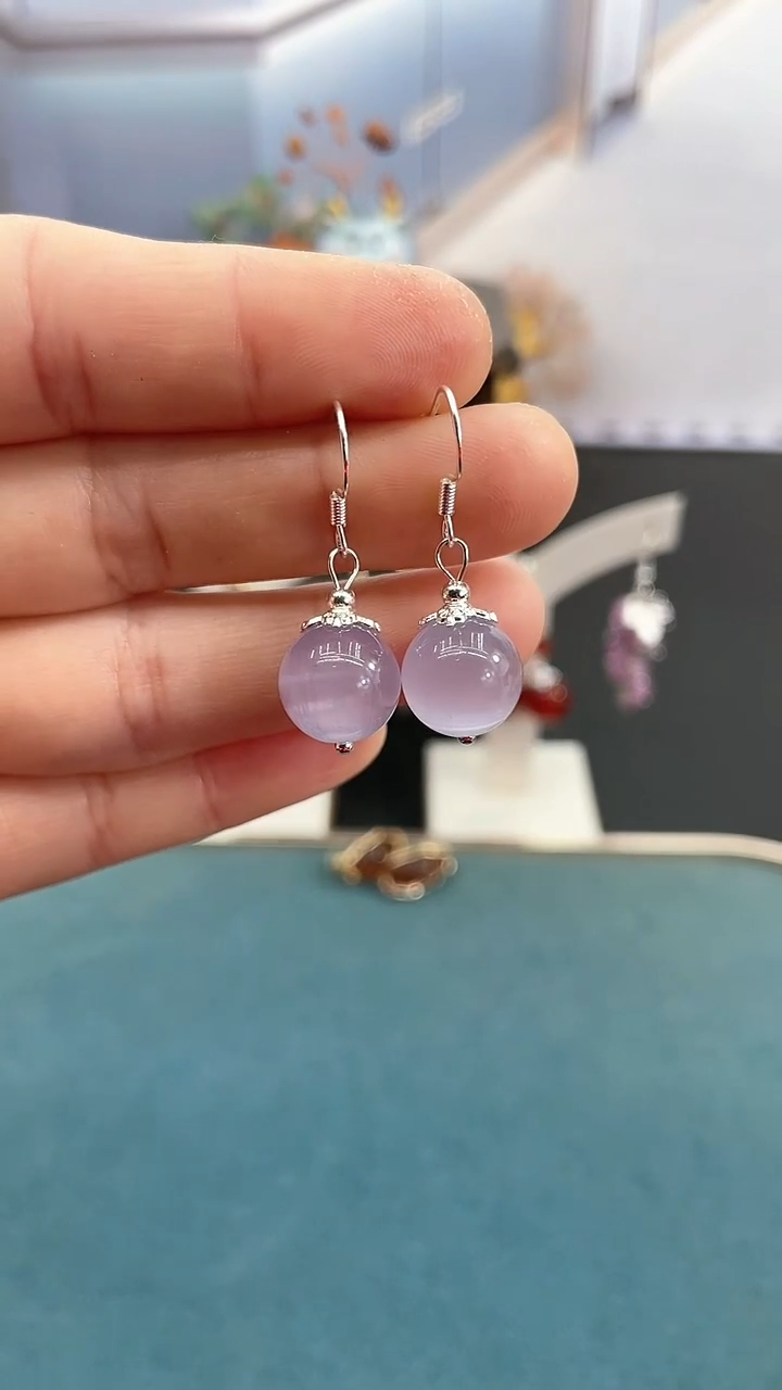 银S925镶嵌耳饰碧玺猫眼12mm*淡紫猫眼ZZ