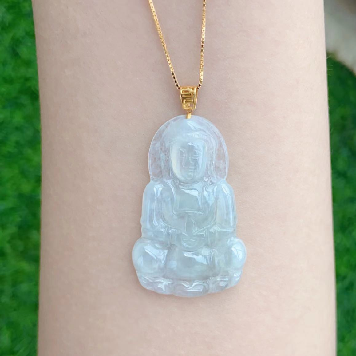 天然玉石缅甸A货翡翠18k金观音吊坠赠S925银链（多样性发一件）