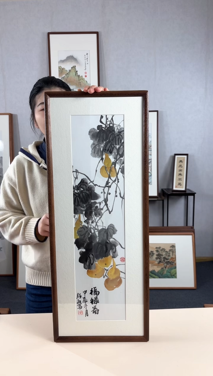 【闪购商品】国画手绘*五福临门*28*72cm实木框