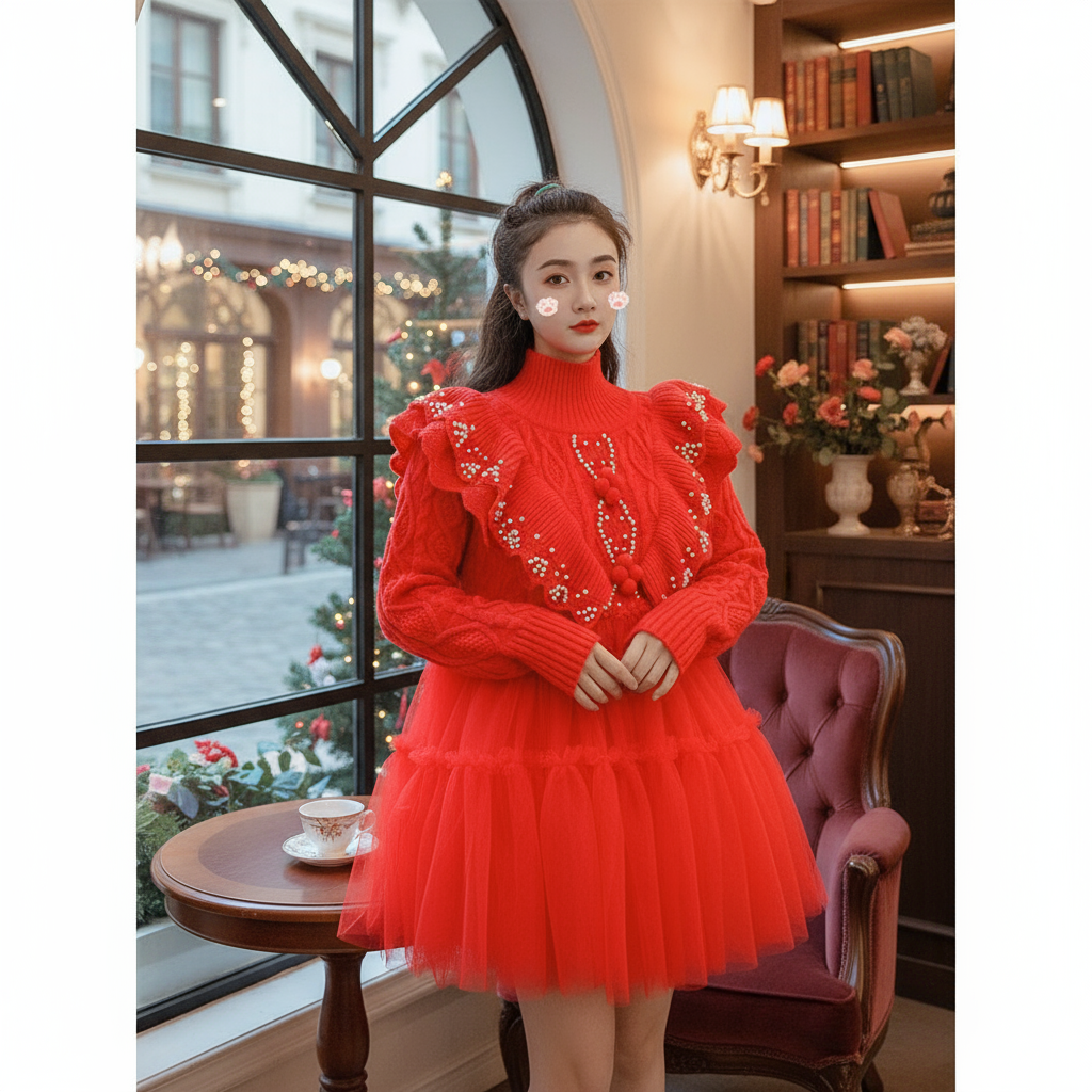 重工潮牌钉珠水钻木耳边小高领针织毛衣拼接网纱连衣裙蓬蓬裙女