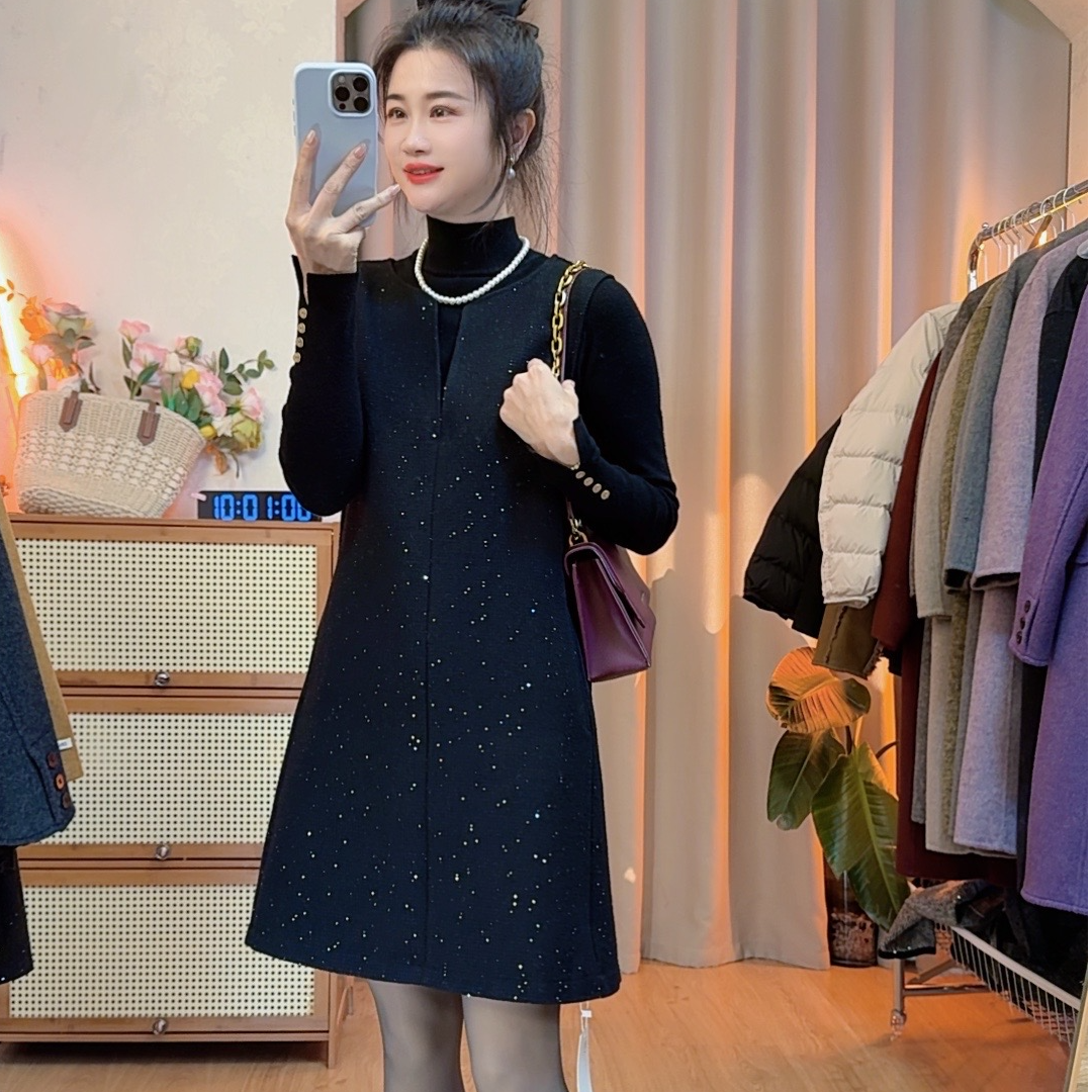 高级小香风马甲秋冬连衣裙冬季中长款A字裙女毛呢背心裙V领-518款