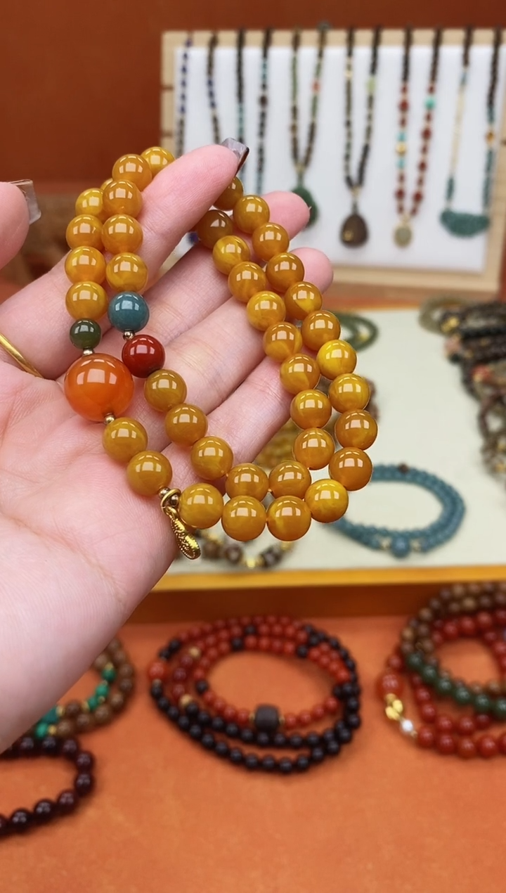 手链蜜蜡未镶嵌双圈蜜蜡和田南红蓝水手串