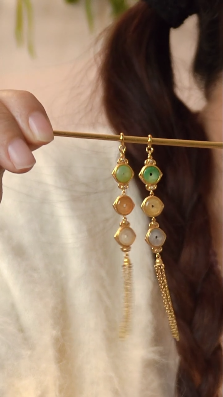 纯铜锆石合金国风耳饰