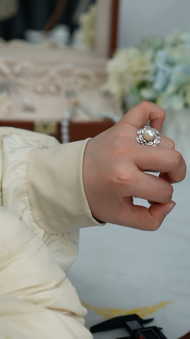 【闪购商品】淡水珍珠戒指银S925镶嵌戒指 11-12mm