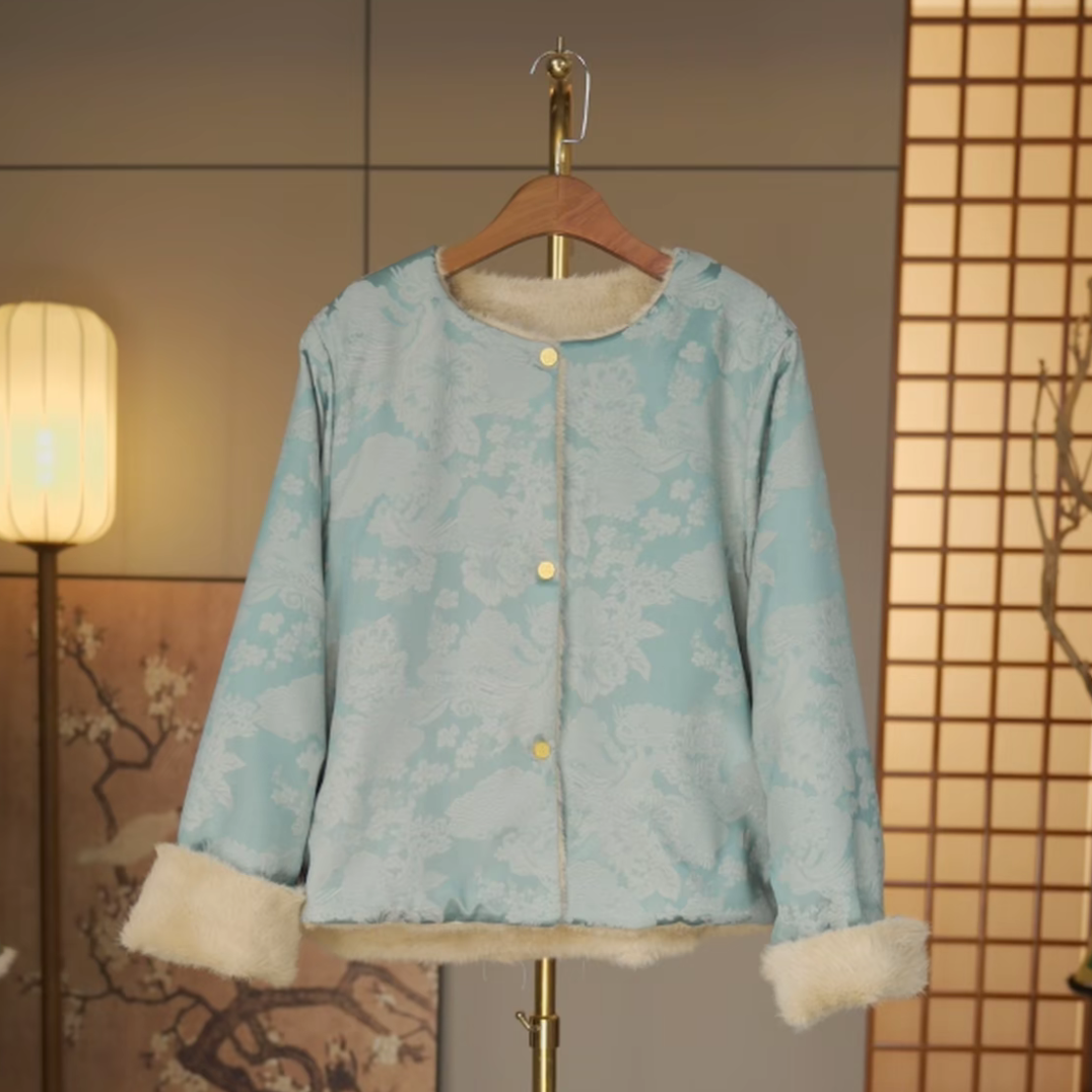 双面穿新中式宽松型女厚款常规款短外套棉衣蓝色上衣
