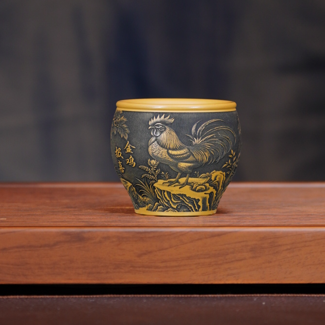 宜兴全手工原矿茶具正宗黄金朱泥金鸡报喜公鸡双层精品自用紫砂杯