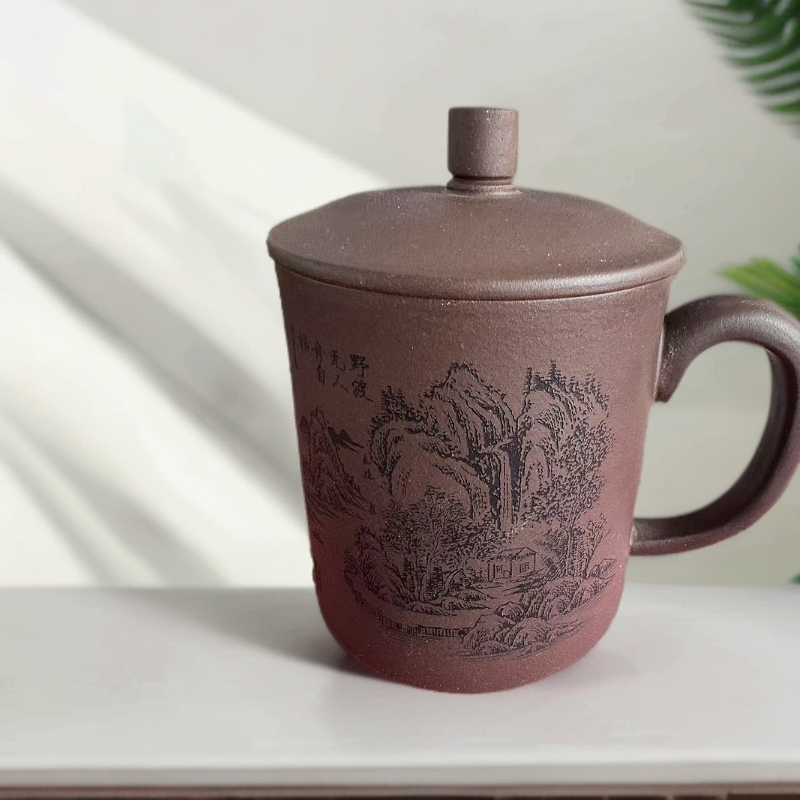 宜兴紫砂大容量刻绘茶杯