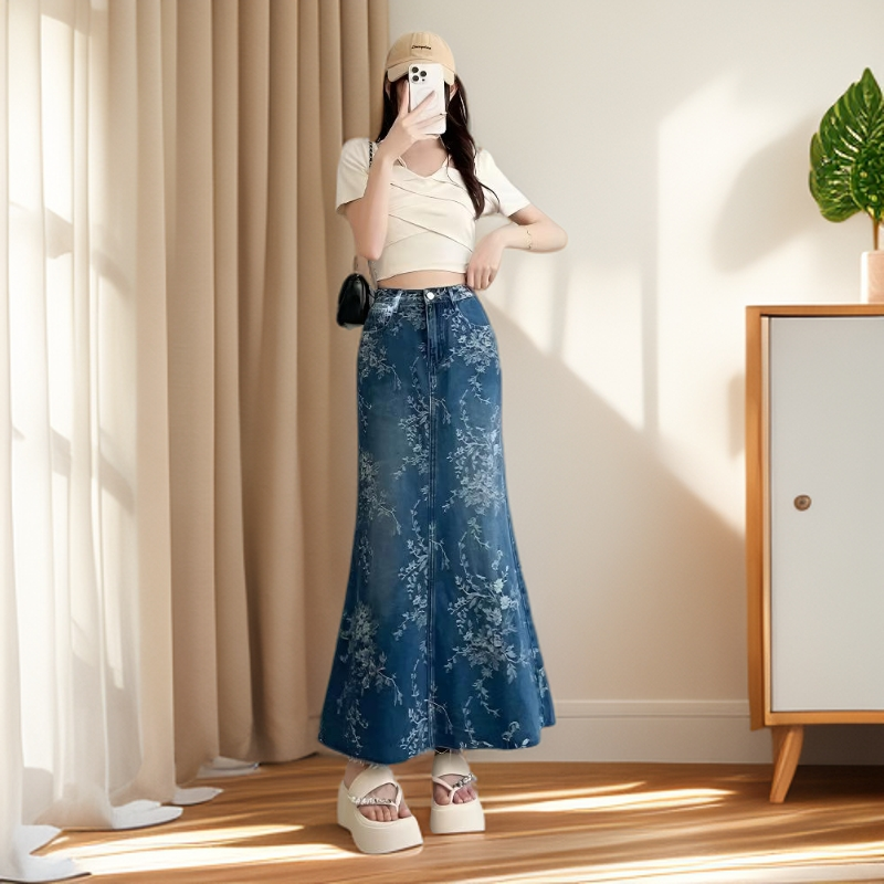 2025鱼尾裙提花纯色高腰薄款半身裙韩版牛仔春夏极简风显高显瘦