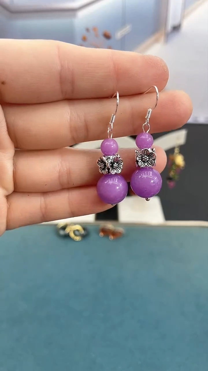 银S925镶嵌耳饰紫晶紫色水晶四面花