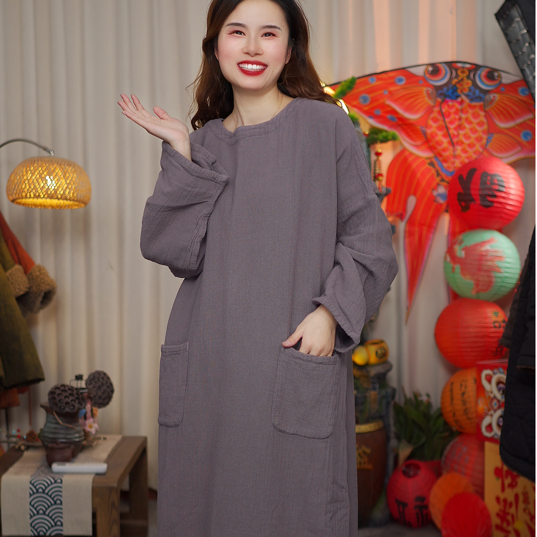 春~花璟麻社原创口袋百搭风连衣裙（衣长118胸围130）