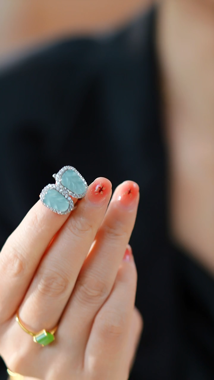 银S925镶嵌翡翠耳饰翡翠叶子耳扣HNZ14878