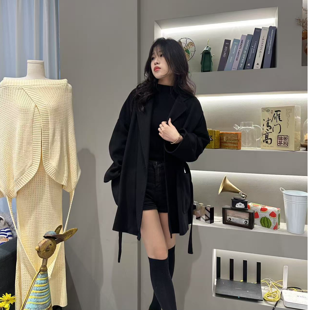 短款西双领双面呢格子花纹一百分纯羊毛绑带秋冬韩版百搭休闲