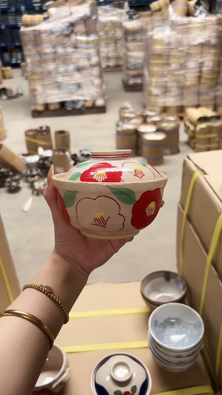 陶瓷濑户烧红花盖碗一个