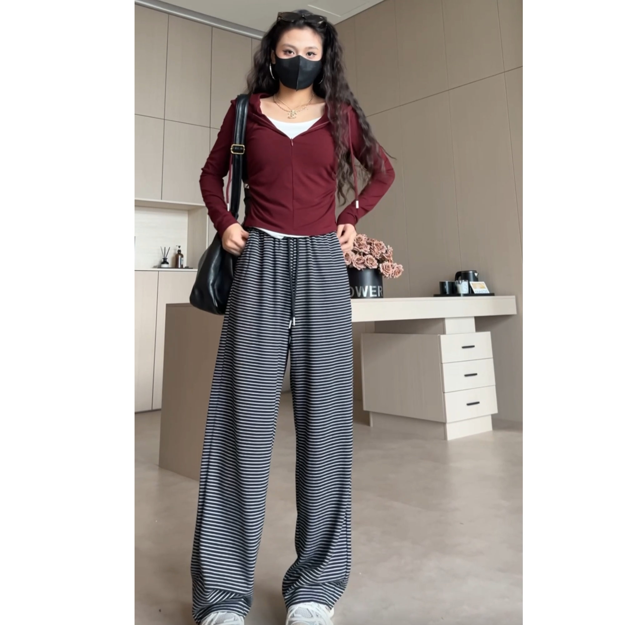 条纹拖地窄版阔腿裤女直筒女秋季2025新款显瘦垂感高级休闲裤宽松