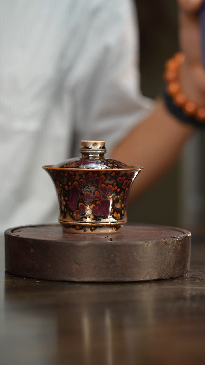 102柴房陶瓷柴烧斑鹿盖碗