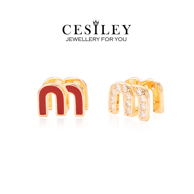 铜合金耳饰 珐琅滴釉M字母耳环DTA1018