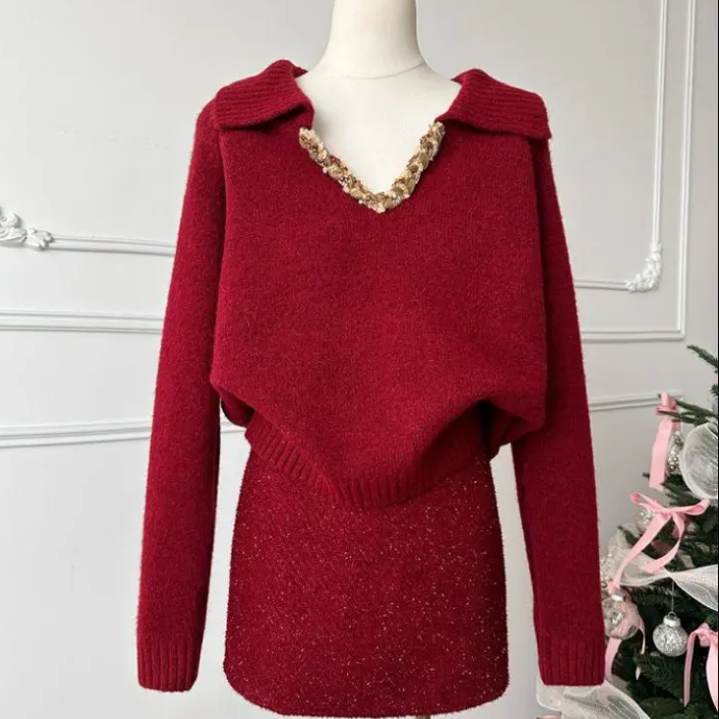 一整套圣诞新年氛围感红色烫钻毛衣半身裙套装秋冬职业女装两件套