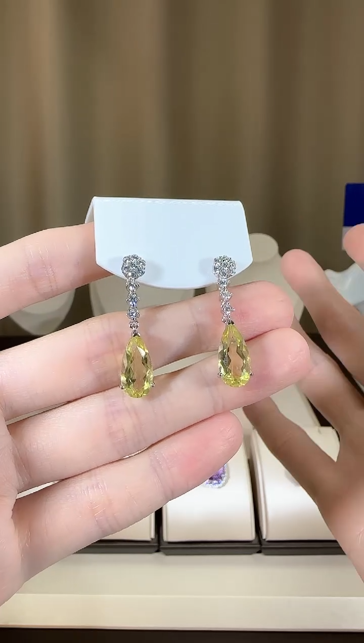 【闪购商品】水晶耳饰银S925镶嵌柠檬晶8*14mm