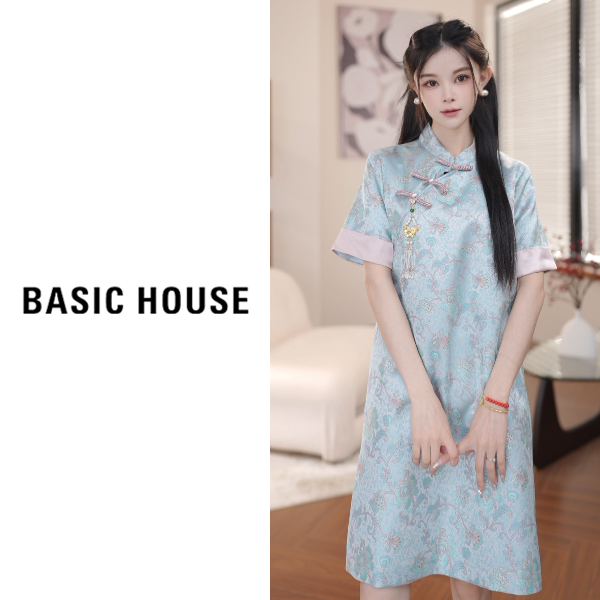 Basic House/百家好新款中国风复古改良修身提花长裙B1194B50092