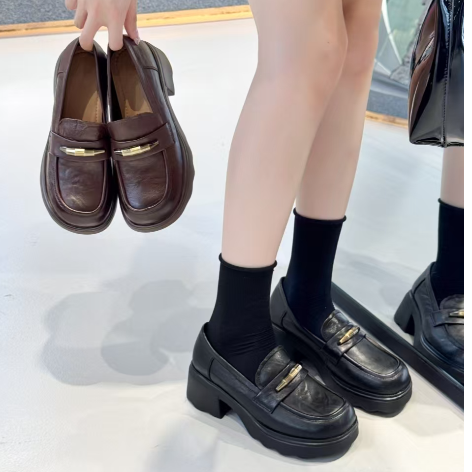 圆头小个子厚底小皮鞋女增高轻便舒适金属套脚乐福单鞋