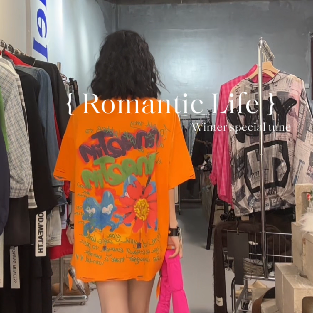 奇奇家 热点原创 彩色花朵字母数码印花大版T恤