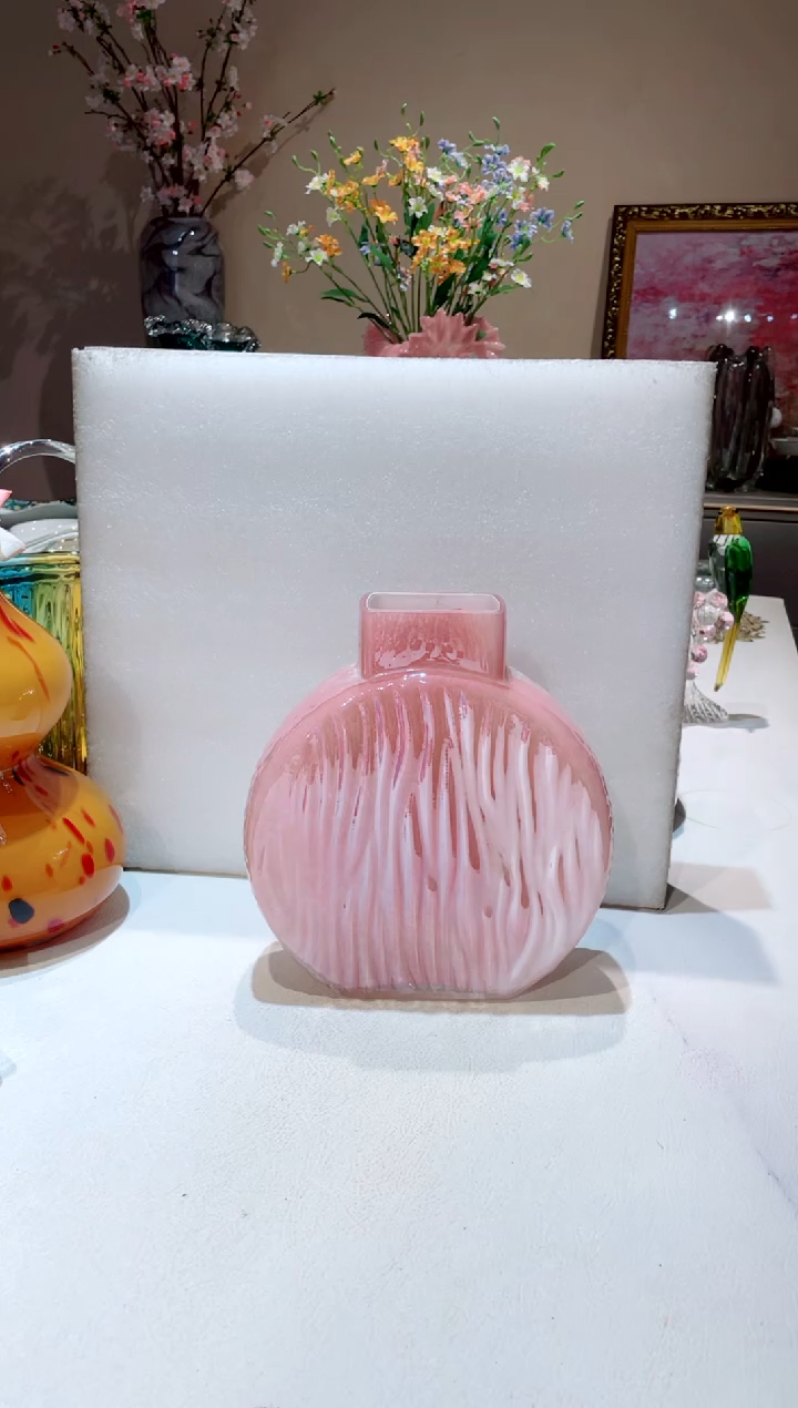 【闪购商品】琉璃手工艺品粉色圆扁花瓶 微瑕