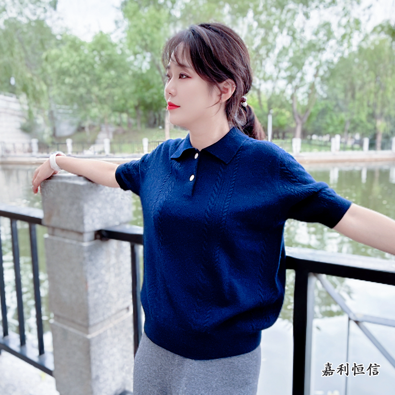 【匠心工艺】时尚镂空绞花女式纯山羊绒POLO领套衫半袖