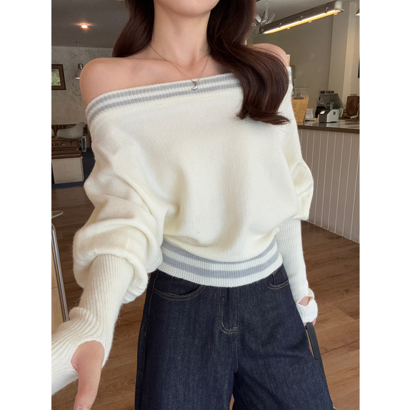 软糯一字肩毛衣宽松慵懒显瘦辣妹露肩套头针织衫
