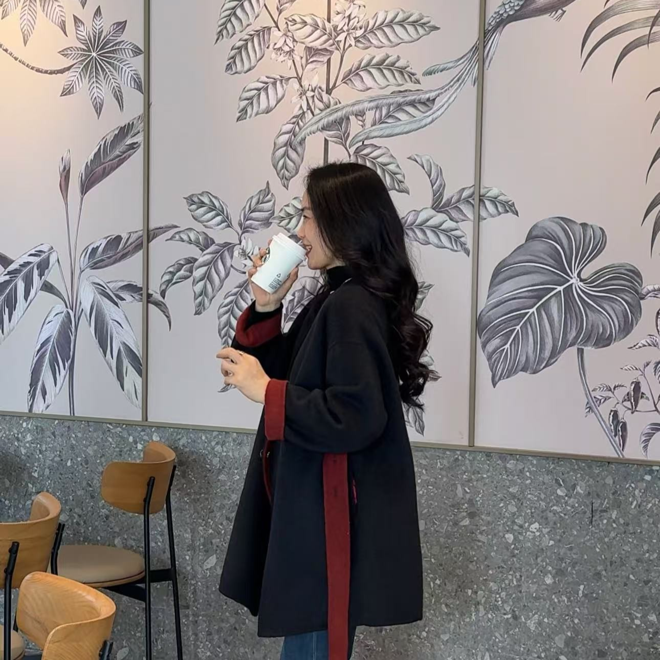 2025新款设计师系带V领韩版显瘦气质时尚双面撞色羊毛大衣外套