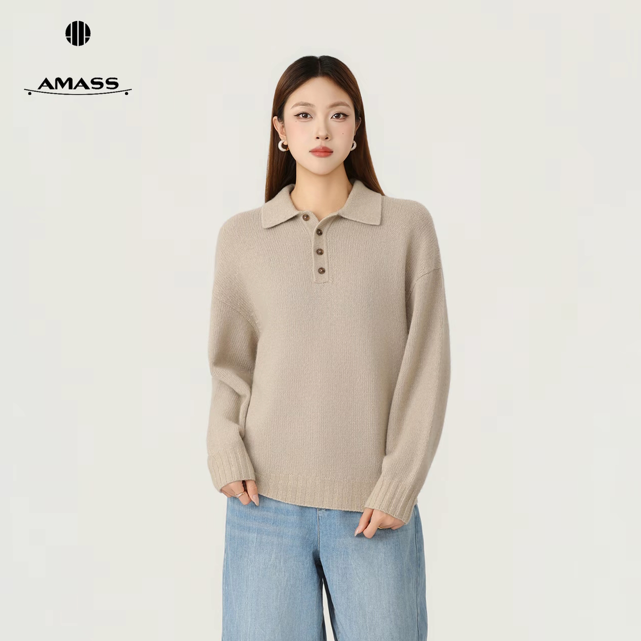 AMASS/阿玛施女士百搭翻领秋冬羊绒衫上衣纯色厚款宽松针织538113