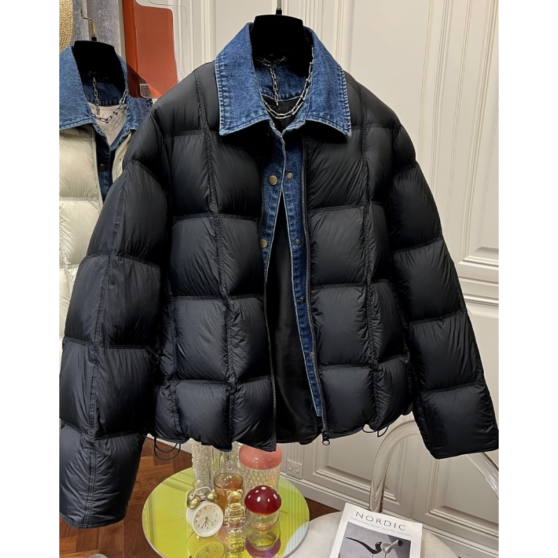 牛仔拼接领子简约棉衣棉服外套女冬季设计感假两件加厚保暖面包服