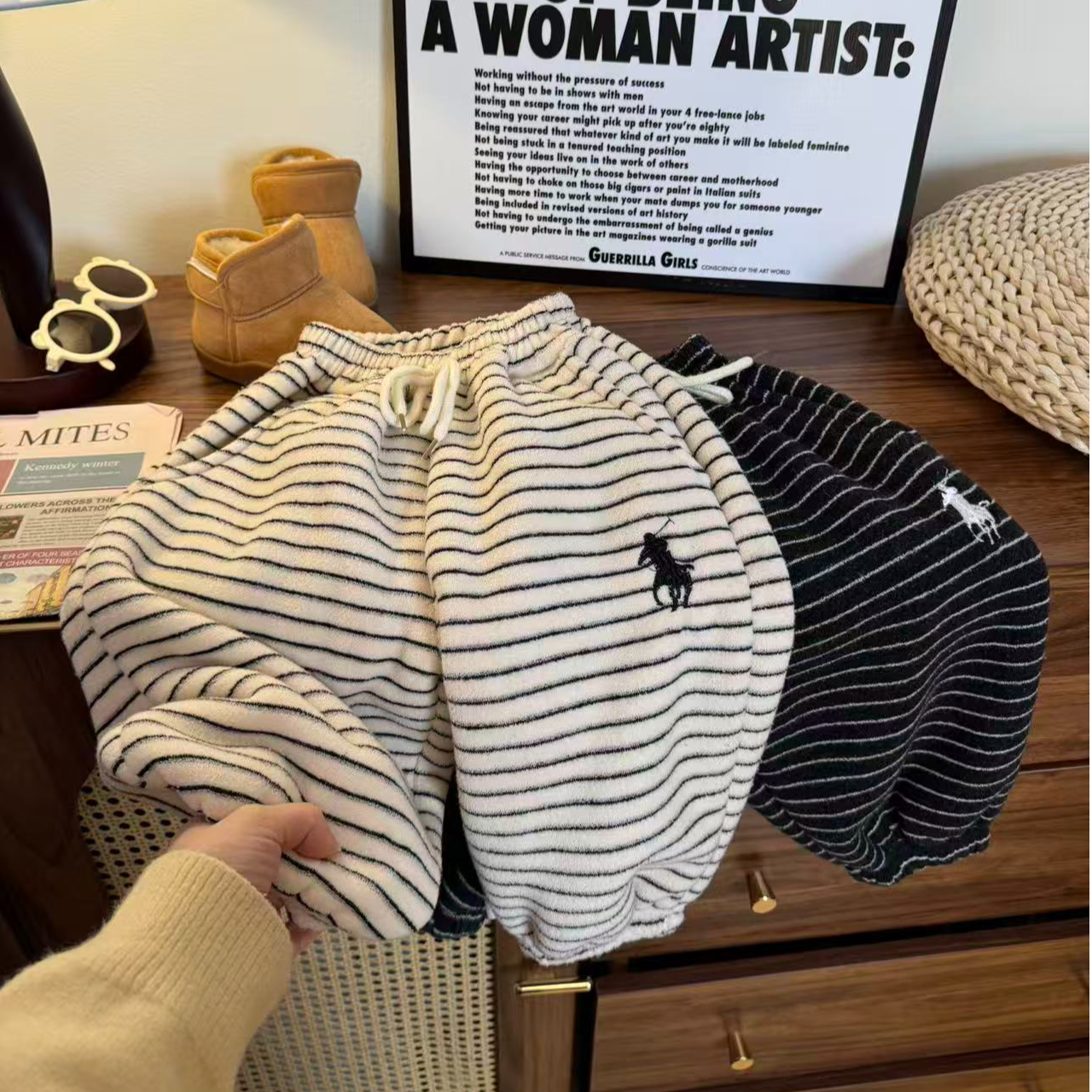 儿童条纹加绒加厚裤子冬季加厚休闲裤卫裤