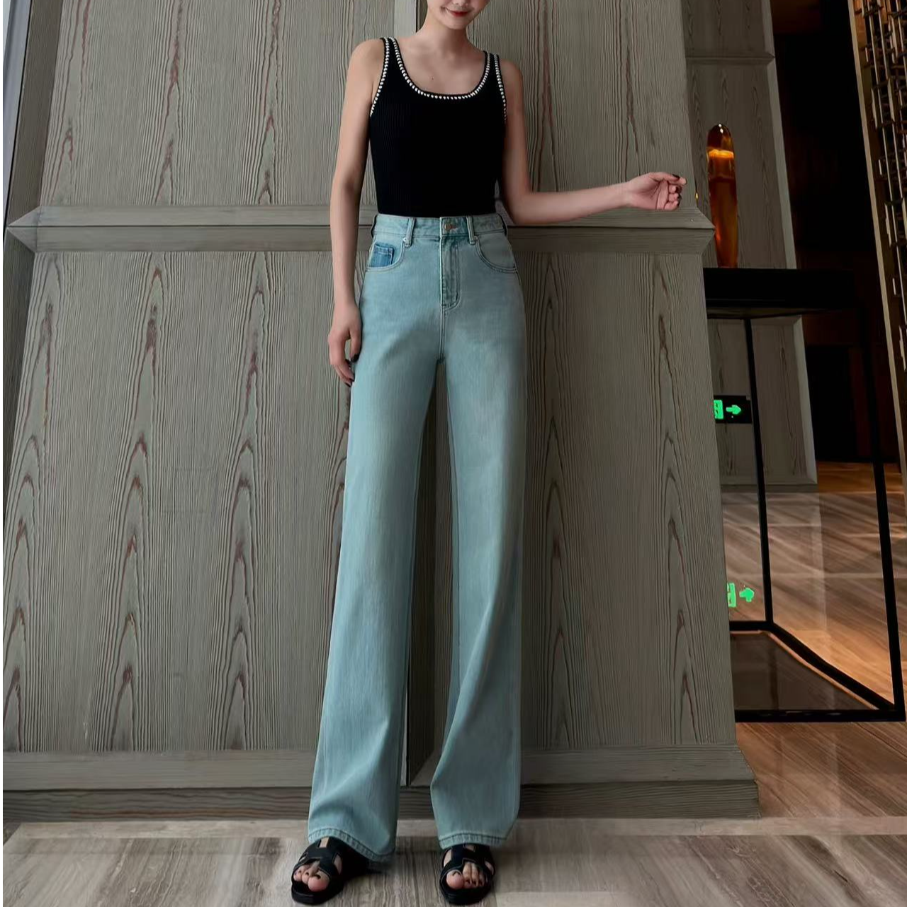 A-08【财】阔腿牛仔裤秋冬款破洞阔腿裤韩式拖地裤