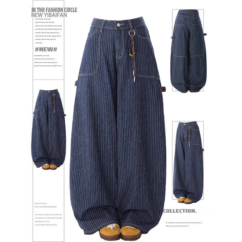 300斤美式条纹工装牛仔裤女秋季新款大码胖mm宽松显瘦直筒阔腿裤