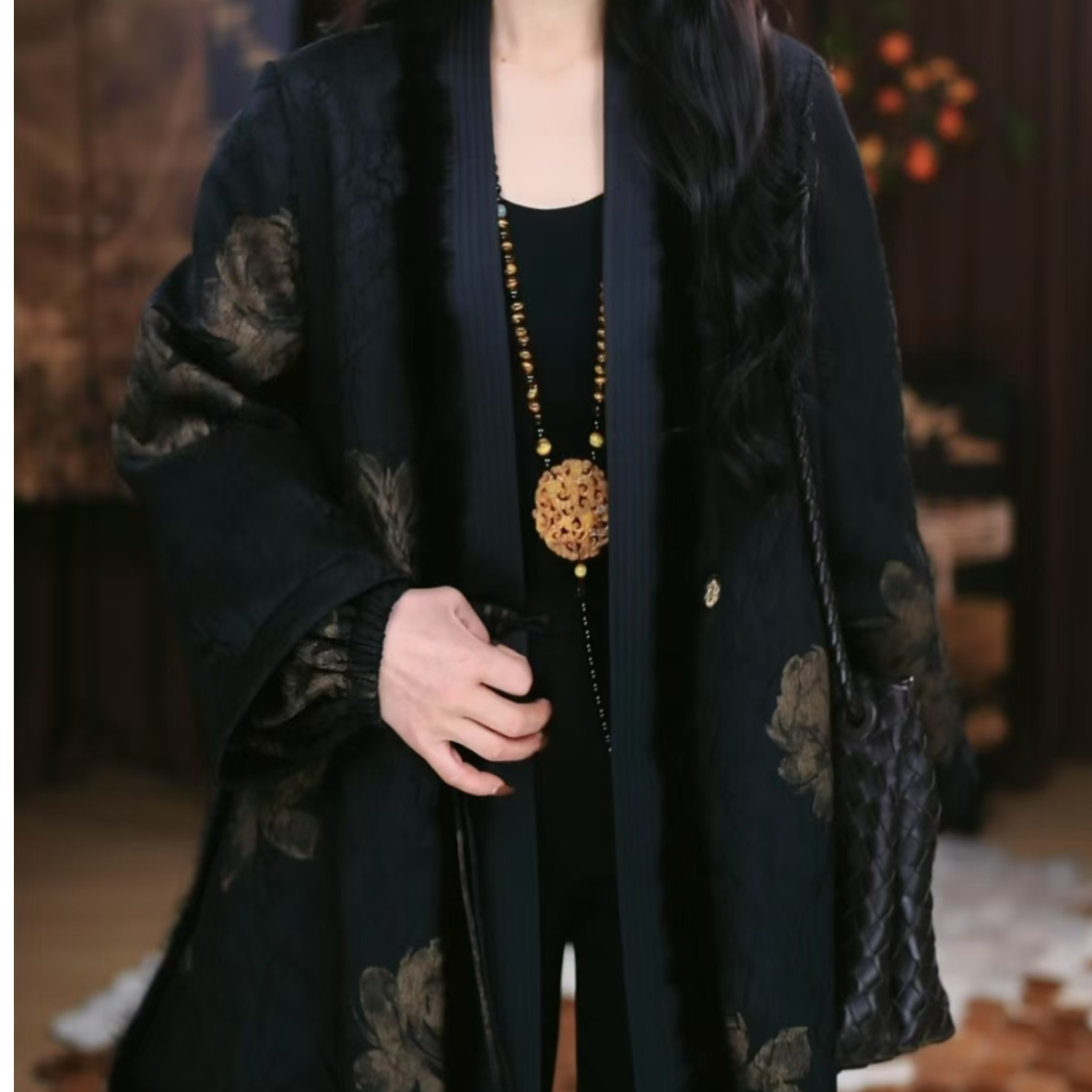 【星欢】新中式百搭气质复古显瘦秋冬保暖宽松国风加棉中长款上衣