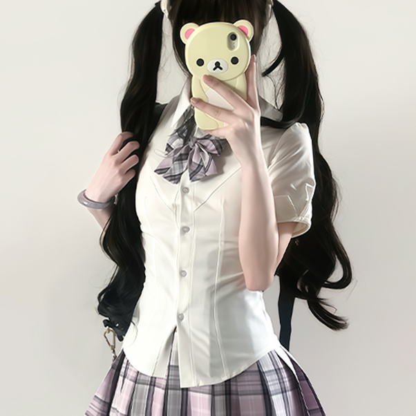 【收腰衬衫】jk制服夏季纯欲收腰短袖衬衫jk辣妹白衬衫V领长袖衬衣