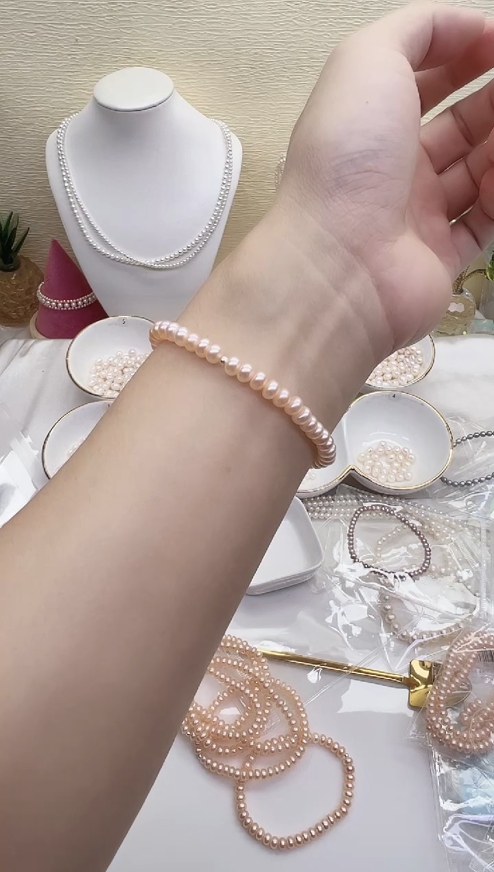 银S925镶嵌手链淡水珍珠粉色算盘珠4-5mm